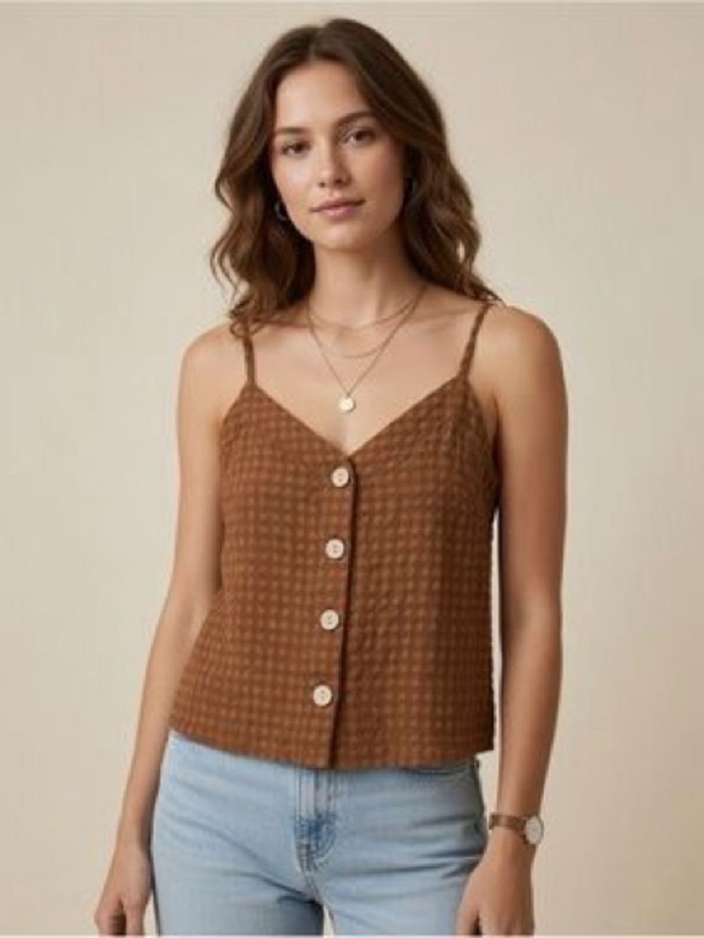 Brown Tank Top Crop Button Up Size L Boho